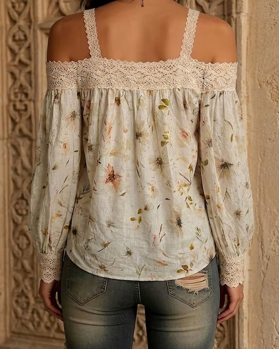 Bluse Blomstret Off-Skulder Blonde Stroppet Lang Ærme