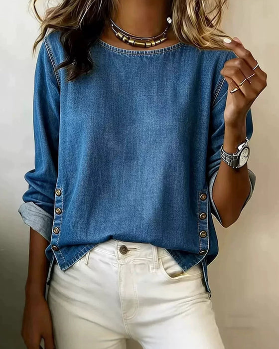 Bluse Rund Hals Sidesplit Knap