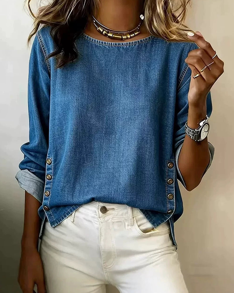 Bluse Rund Hals Sidesplit Knap