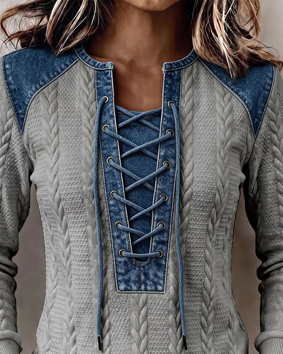 Sweatshirt Bindebånd Patchwork Casual