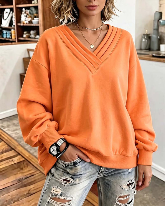 Sweatshirt Dobbelt Lag V-Hals Drop Skulder Løs