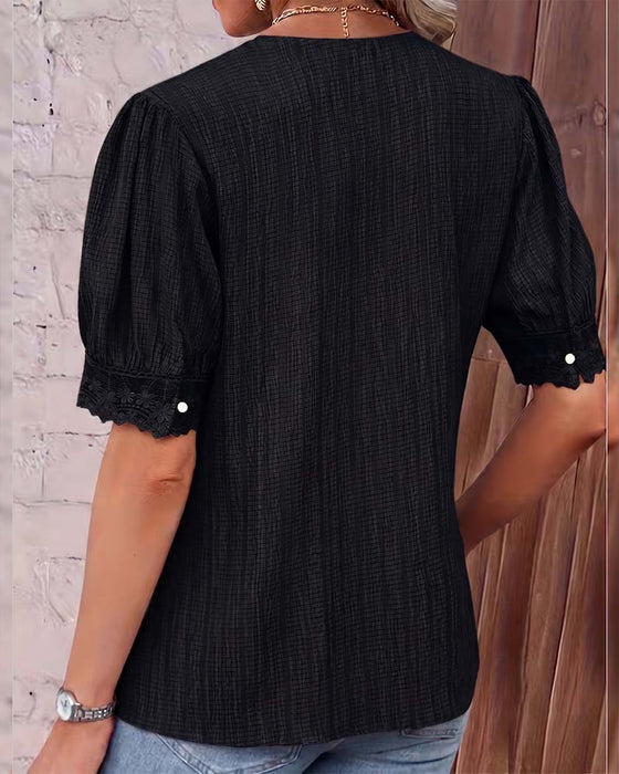 Bluse Blonde Patchwork V-Hals Puf Ærme