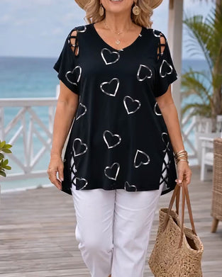 T-Shirt Hjertemønster Gennembrudt Kortærmet