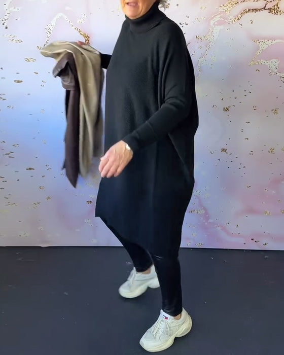 Afslappet ensfarvet langærmet pullover med høj krave