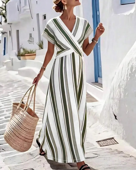 Kjole Kors V-Hals Stribe Omslag Lang