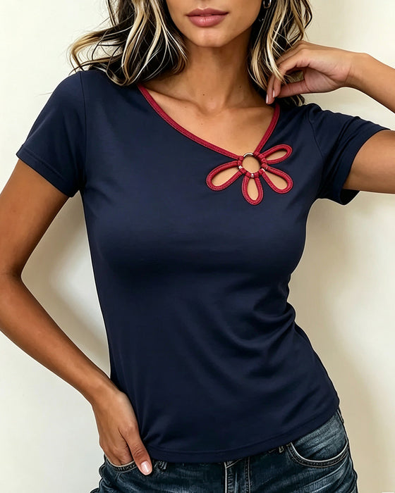T-Shirt Blomstret Udskæring Kort Ærme