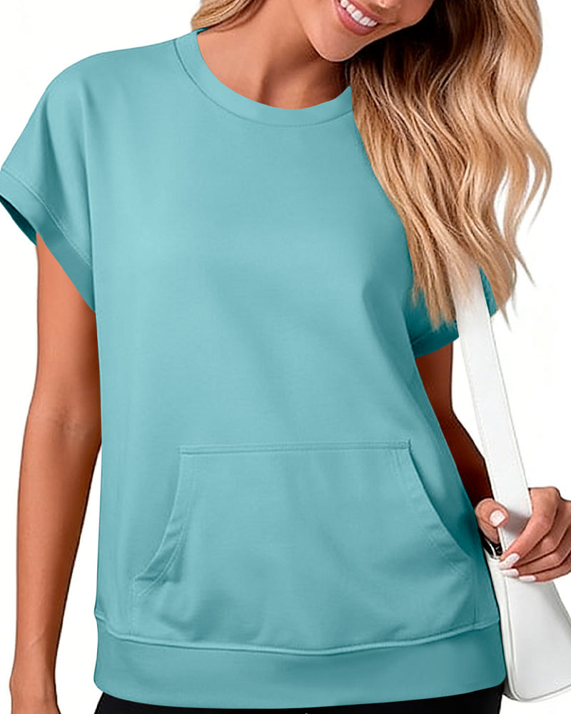 Bluse Forlomme Ensfarvet Rund Hals