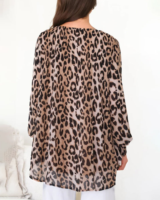 Bluse Rund Hals Leopard Uregelmæssig Lanterne Ærme