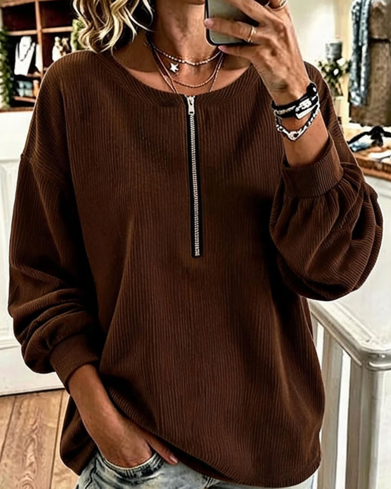 Sweatshirt Rund Hals Lynlås Stribet Drop Skulder