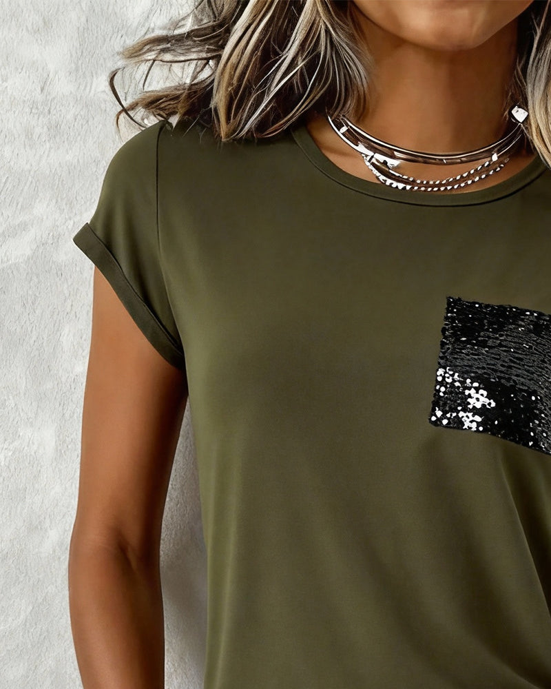 T-Shirt Crewneck Med Palietter Ensfarvet