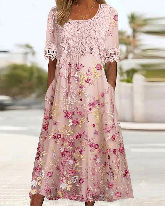 Kjole Blonder Blomstermønster Patchwork A-Linje