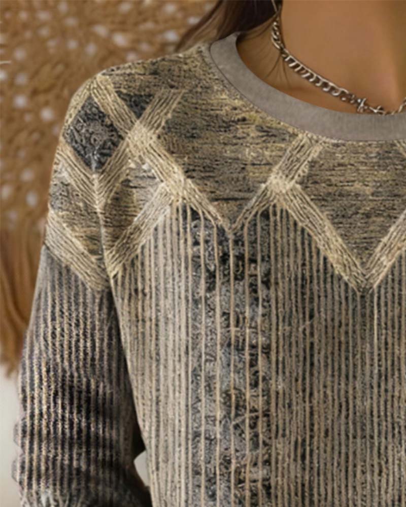 Retro Trykt Sweatshirt Med Rund Hals