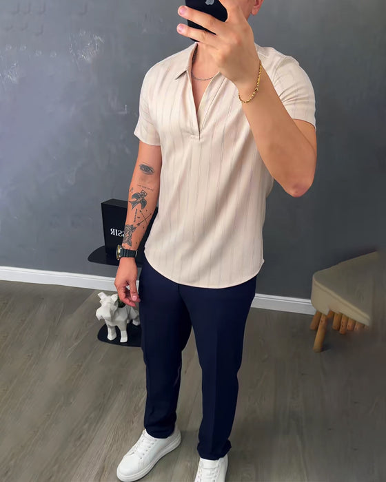 Herre-Ribbet Afslappet T-Shirt Med Polokrave
