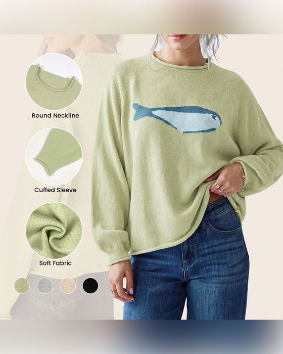 Pullover Rund Hals Fisk Tryk Drop Skulder