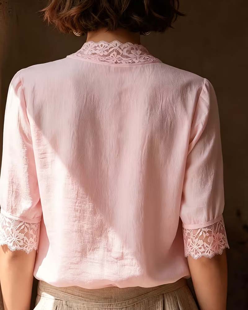 Bluse V-Hals Blonder Patchwork Ensfarvet Tre Kvart Ærme