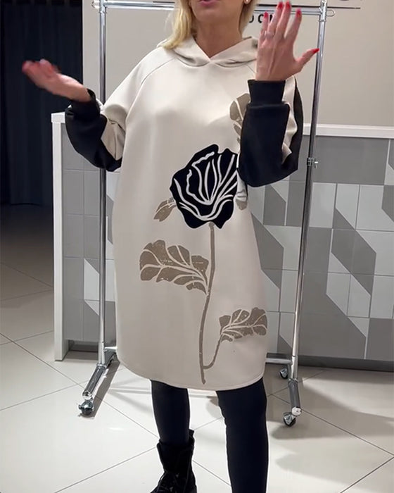 Kjole Med Hætte Farveblok Blomstertryk