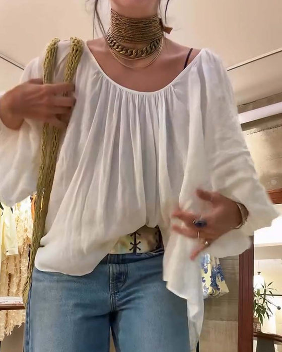 Bluse Puf Lanterne Ærme Rynket Rund Hals