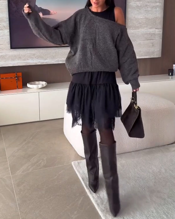 Off-Shoulder Løstsiddende Sweater & Blonder Kant Kjole