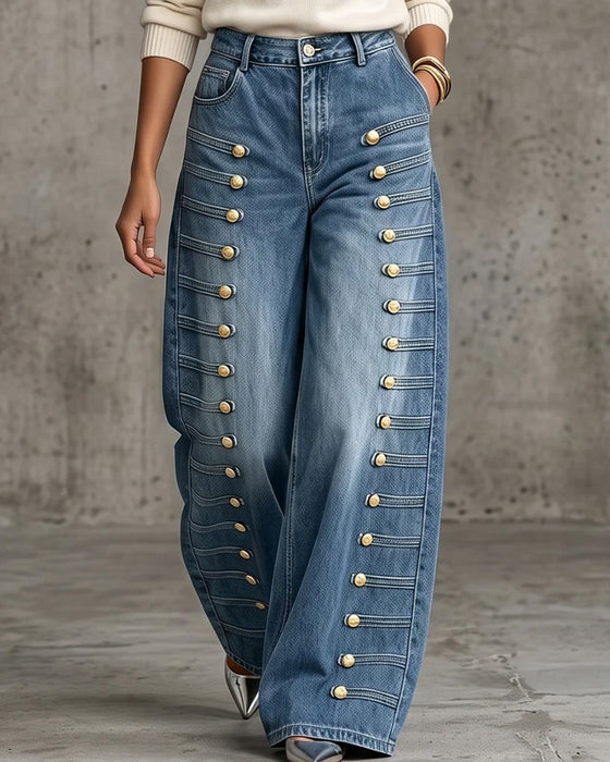 Bukser Knap Lomme Bredbenede Denim Lang