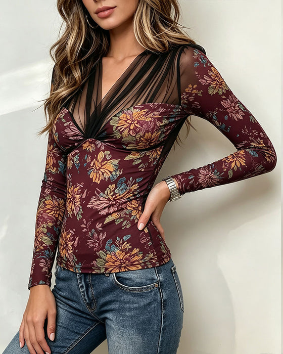 Top V-Hals Blomstret Casual
