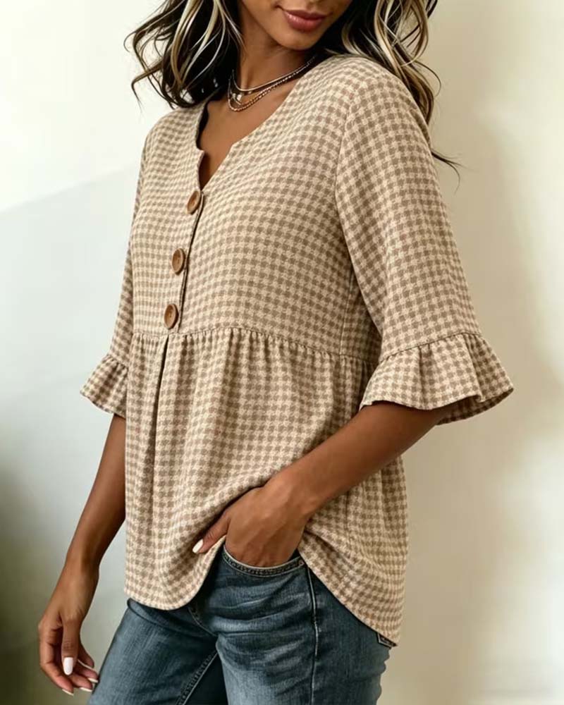 Bluse Houndstooth Treknap Afslappet