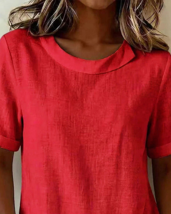 Bluse Korte Ærmer Uregelmæssigt Design Halsudskæring