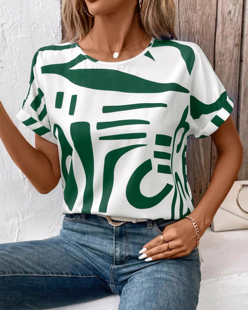 T-Shirt Rund Hals Kort Ærme Geometrisk Tryk