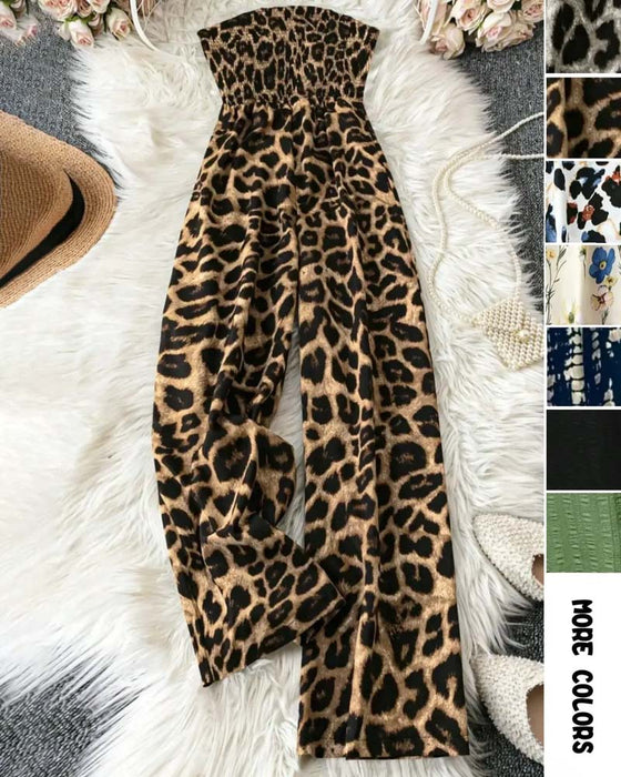 Jumpsuit Stropløs Leopard Tryk Bred Ben Taljeret
