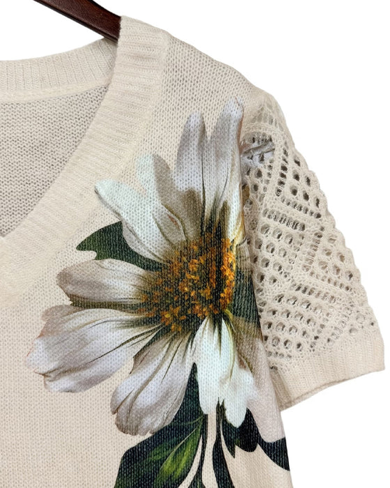 Pullover V-Udskæring Strikket Blomstret