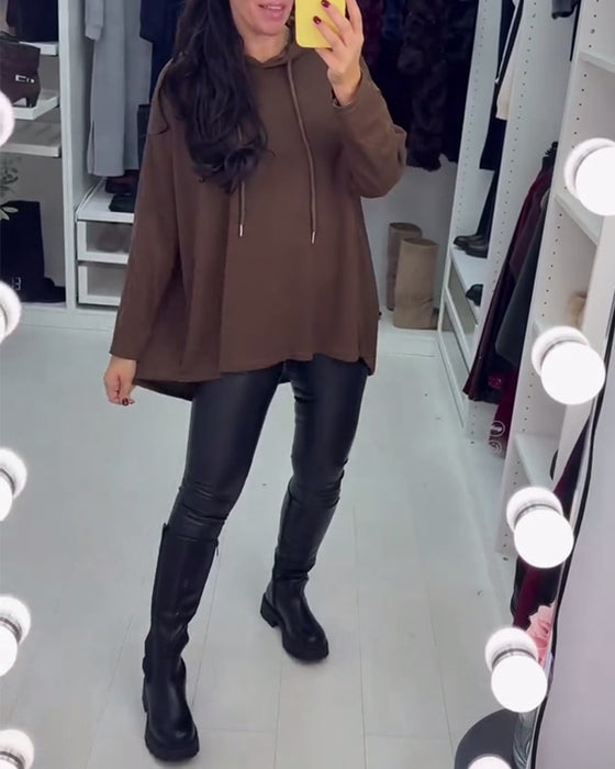 Uregelmæssig Løstsiddende Ensfarvet Langærmet Hoodie
