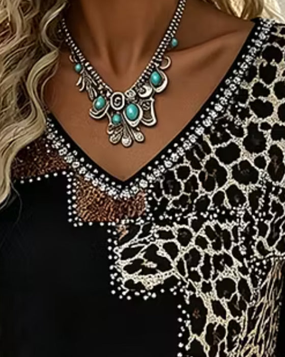 Bluse V-Hals Leopard Tryk