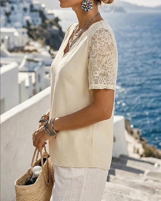 Bluse V-Hals Blonder Patchwork Ensfarvet