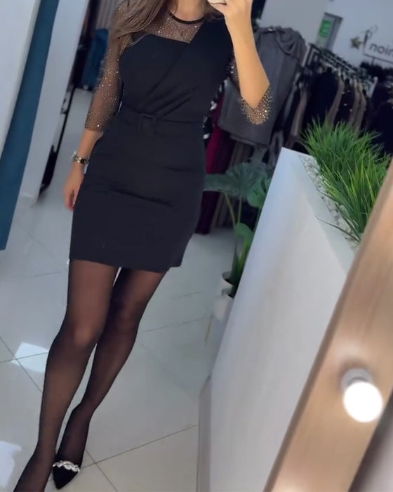 Kjole Mesh Hætte Rhinestone Slim Fit Høfteomfavnende