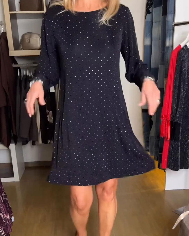 Kjole Ensfarvet Patchwork Skinnende Rund Halsudskæring