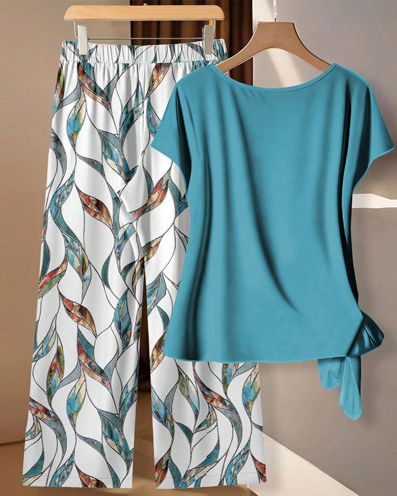 Set Knude Bluse Tryk Vide Ben Bukser
