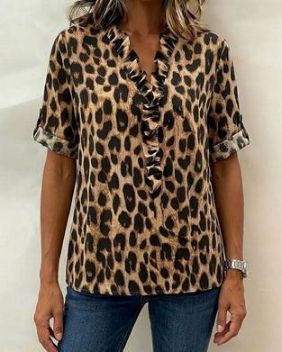 Bluse Klassisk Leopardprint Flæse