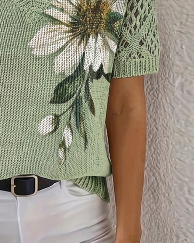 Pullover V-Udskæring Strikket Blomstret