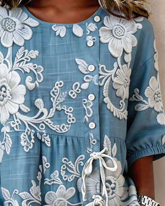 Bluse Med Blomsterprint Snøring Og Halv Knaplukning