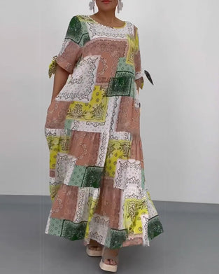 Lang patchwork kjole i løs pasform