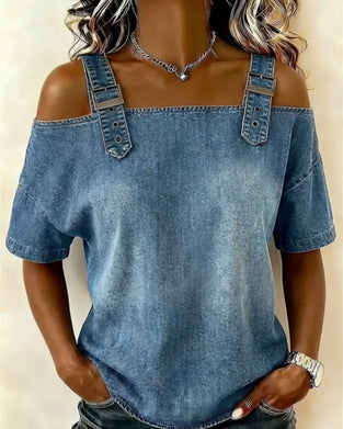 Bluse Off-Shoulder Med Skulderstrop Denim
