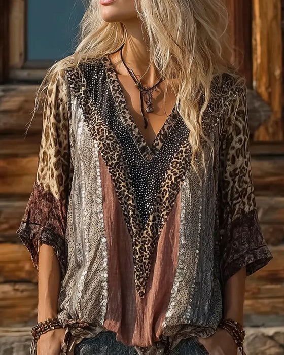 Bluse Leopard Patchwork V-Hals Tryk