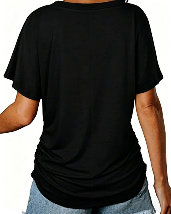 T-Shirt Plisseret Ensfarvet V-Udskæring