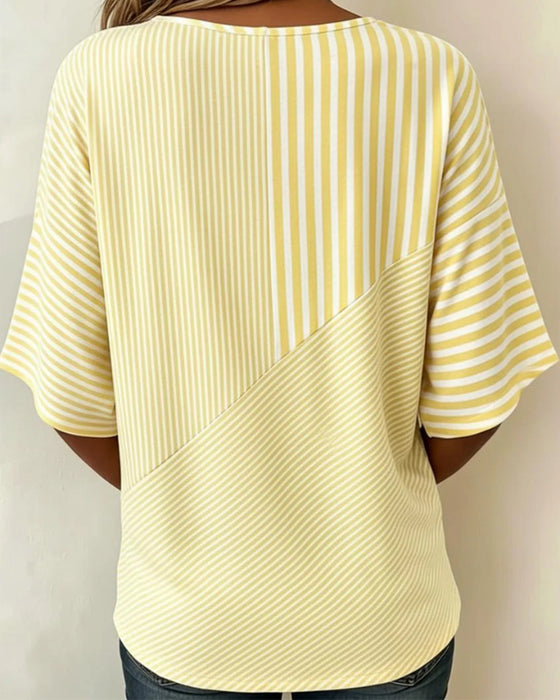 T-Shirt Stribet Rund Hals Farveblok