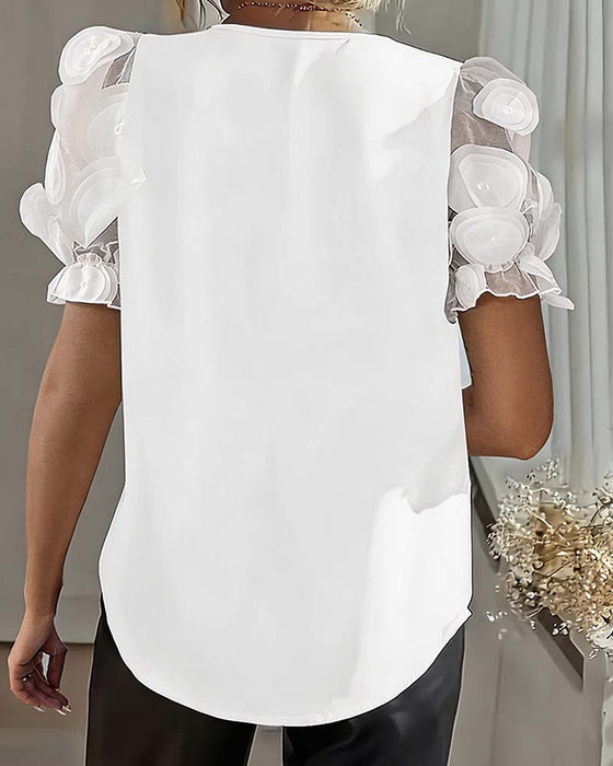 Bluse Puffærme Mesh V-Udskæring
