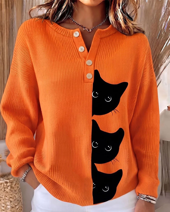 Pullover Knap Foran Stribe Kat Kontrast Strikket