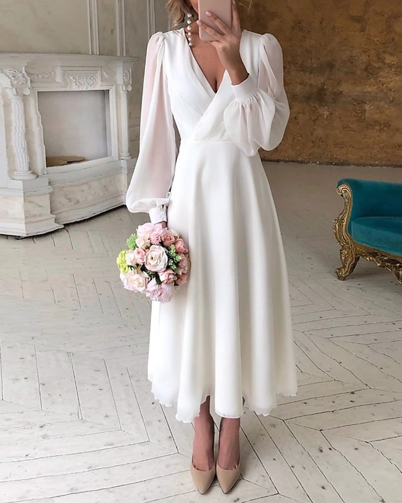 Kjole Elegant Puffærme V-Hals