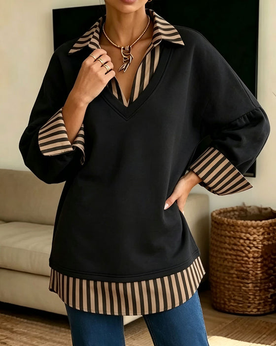 Sweatshirt Revers Stribet Patchwork Løs