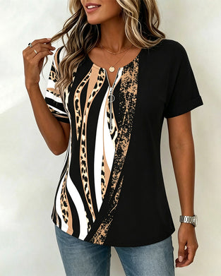 T-Shirt Lynlås Leopard Tryk Farveblok Casual