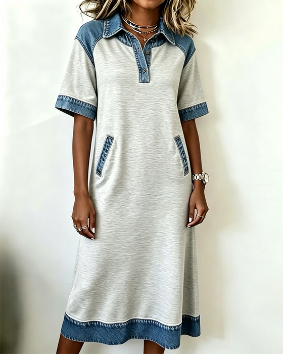 Kjole Skjortekrave Denim Patchwork Lomme