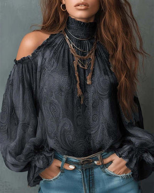 Bluse Trykt Off-Shoulder Mandarin Krave